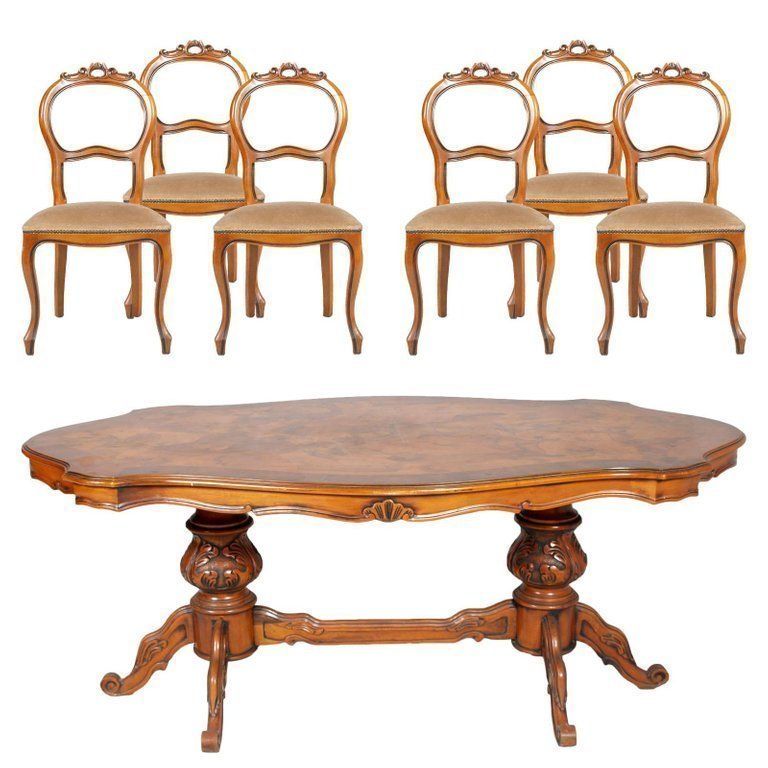 Baroque Ferrarese Period Art Deco Dining Table With Six Louis Philippe Chairs
