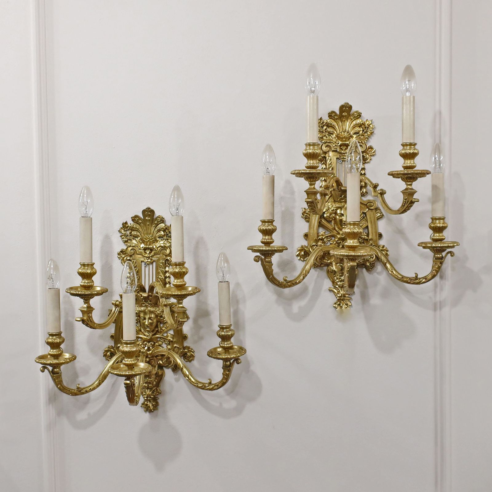 Pair Of French Early 19th Century Louis XIV Style Bronze Gilt Wall Lights