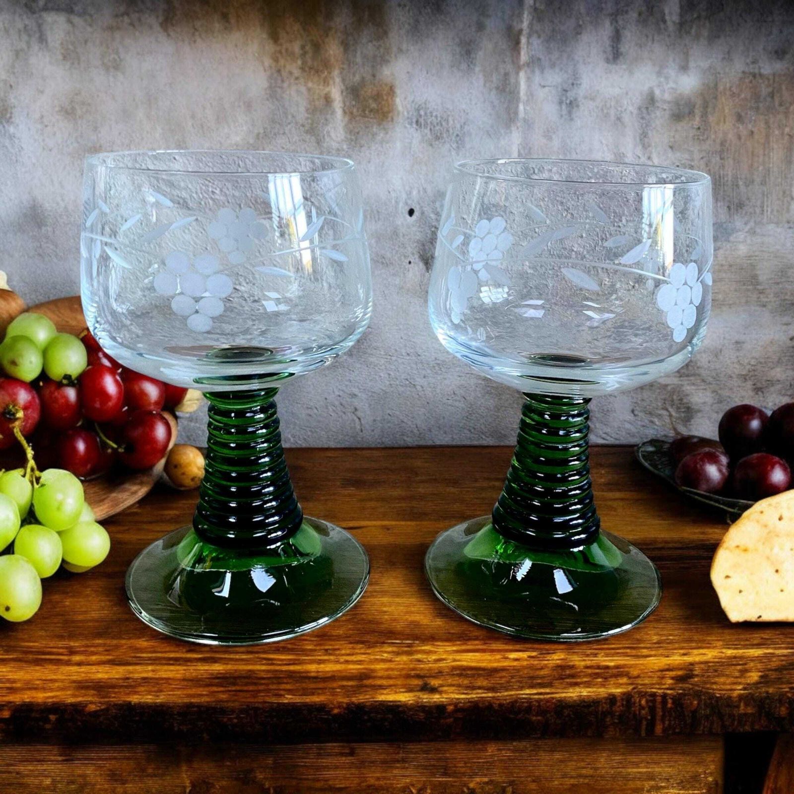 Vintage, French, Green Stem, Mid Century, Wine, Sherry Glasses, Set Of 2. Perfect Gift For Any Vintage Lover. Homeware. photo furniture