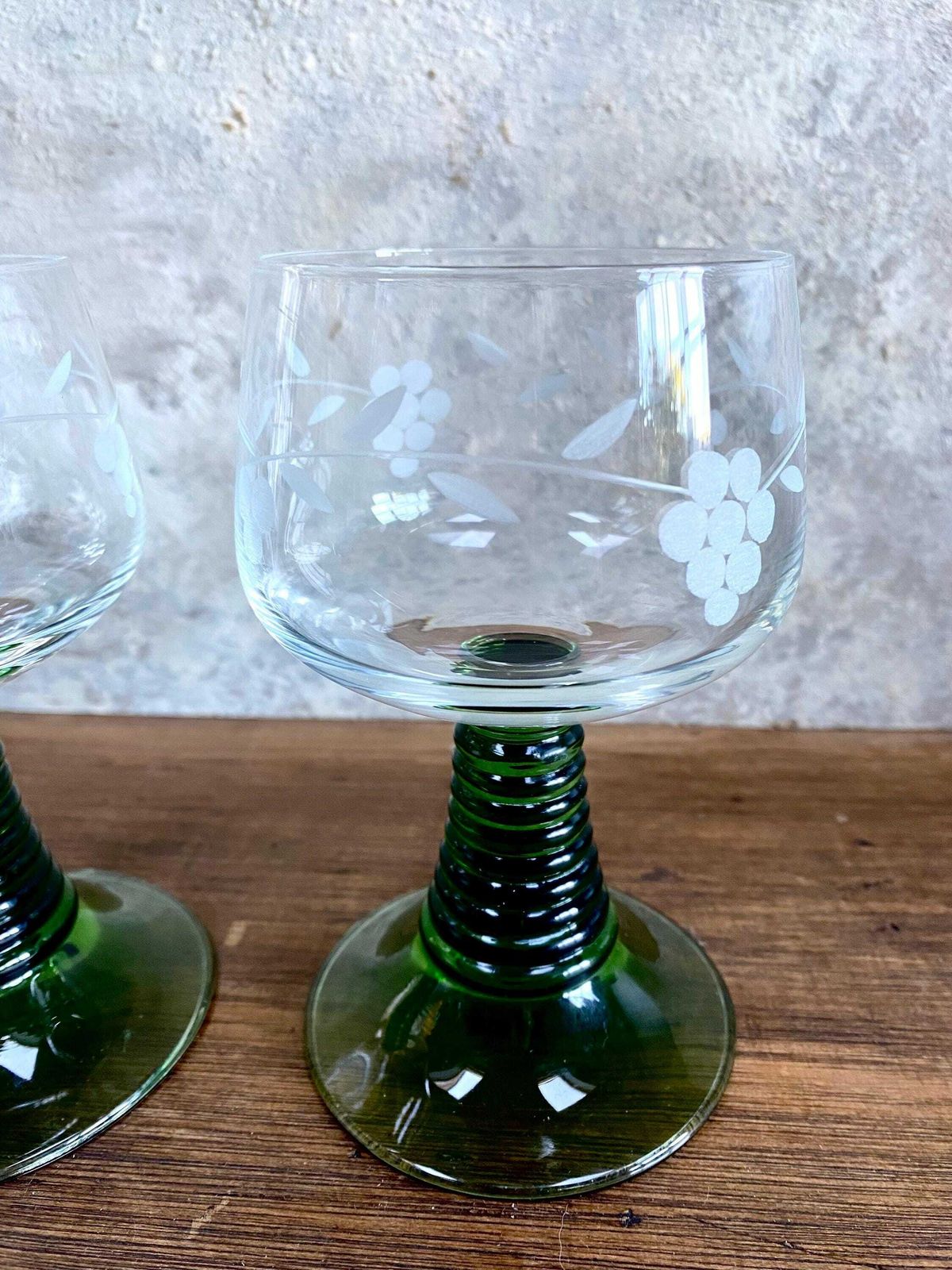 Vintage, French, Green Stem, Mid Century, Wine, Sherry Glasses, Set Of 2. Perfect Gift For Any Vintage Lover. Homeware. photo Home Decor