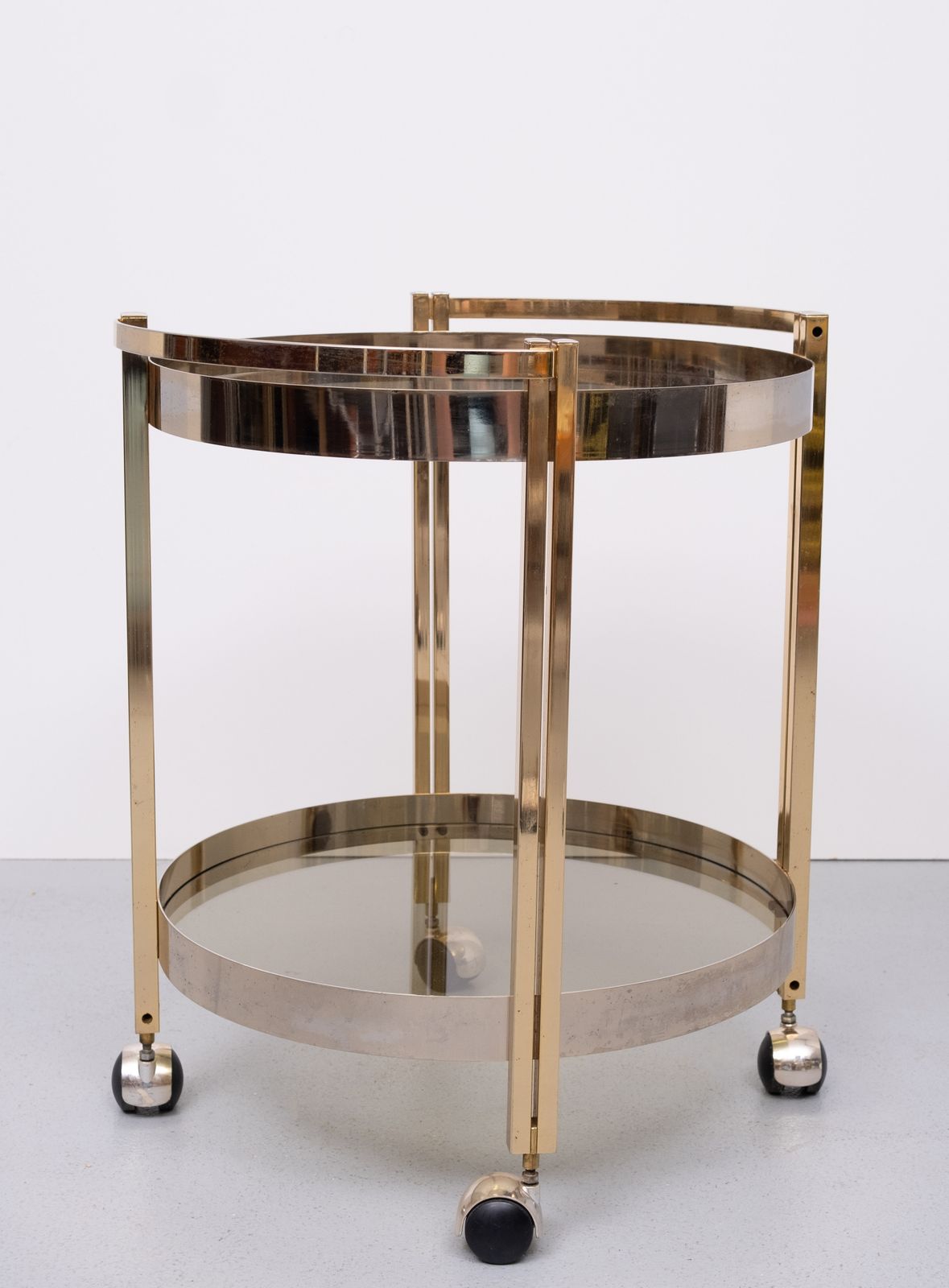Hollywood Regency Round Brass And Nickel Serving Trolley 1970s photo for sale