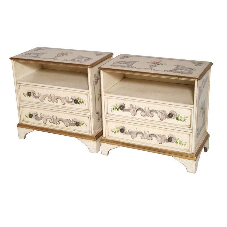 Venetian Mid Century Pair Of Hand Decorated And Laquered Nightstands