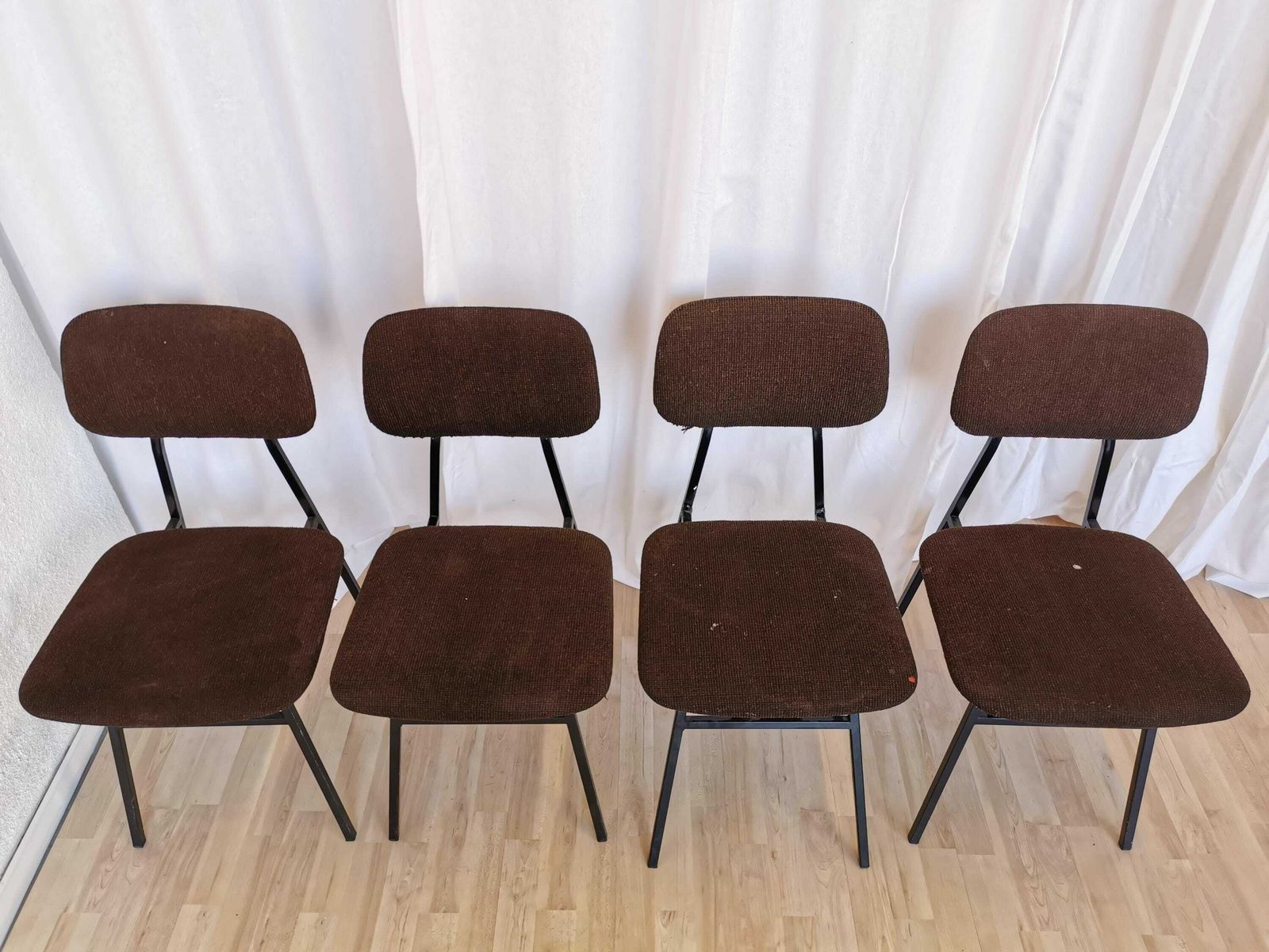 photo for sale Set Of 4 Vintage Brown Dine Chairs / 1970s Yugoslavia / Metal Base Brown Fabric / Retro School Dining Chairs By Stol Kamnik