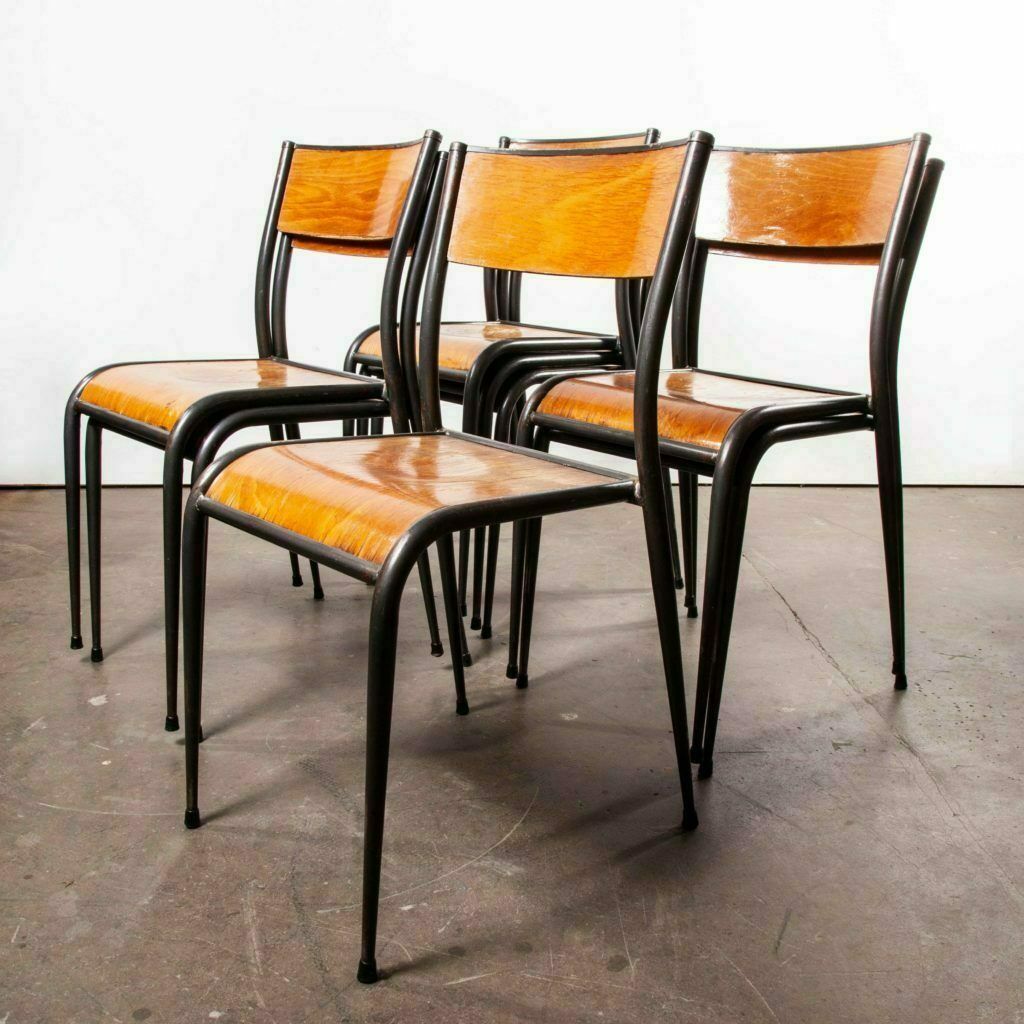 1950’s French Mullca Vintage Stacking School/Dining Chairs Tapered Leg Set Of Eight photo vinterior