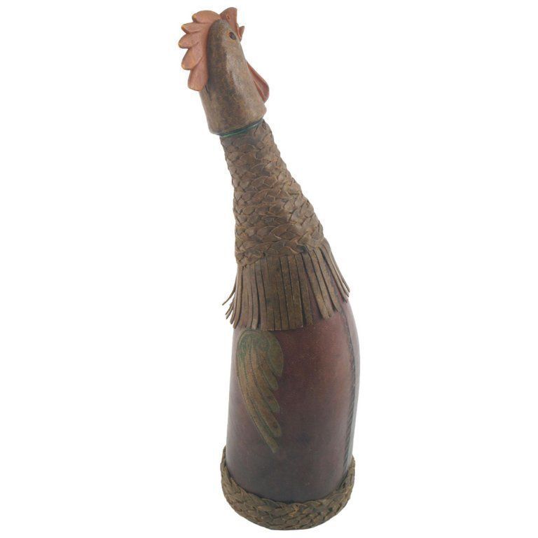 1950s Old Collection Bottle Covered In Leather In The Shape Of A Rooster photo for sale