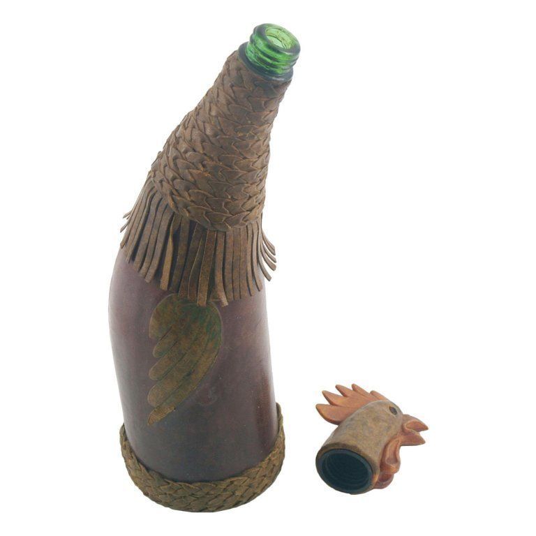 1950s Old Collection Bottle Covered In Leather In The Shape Of A Rooster photo vinterior