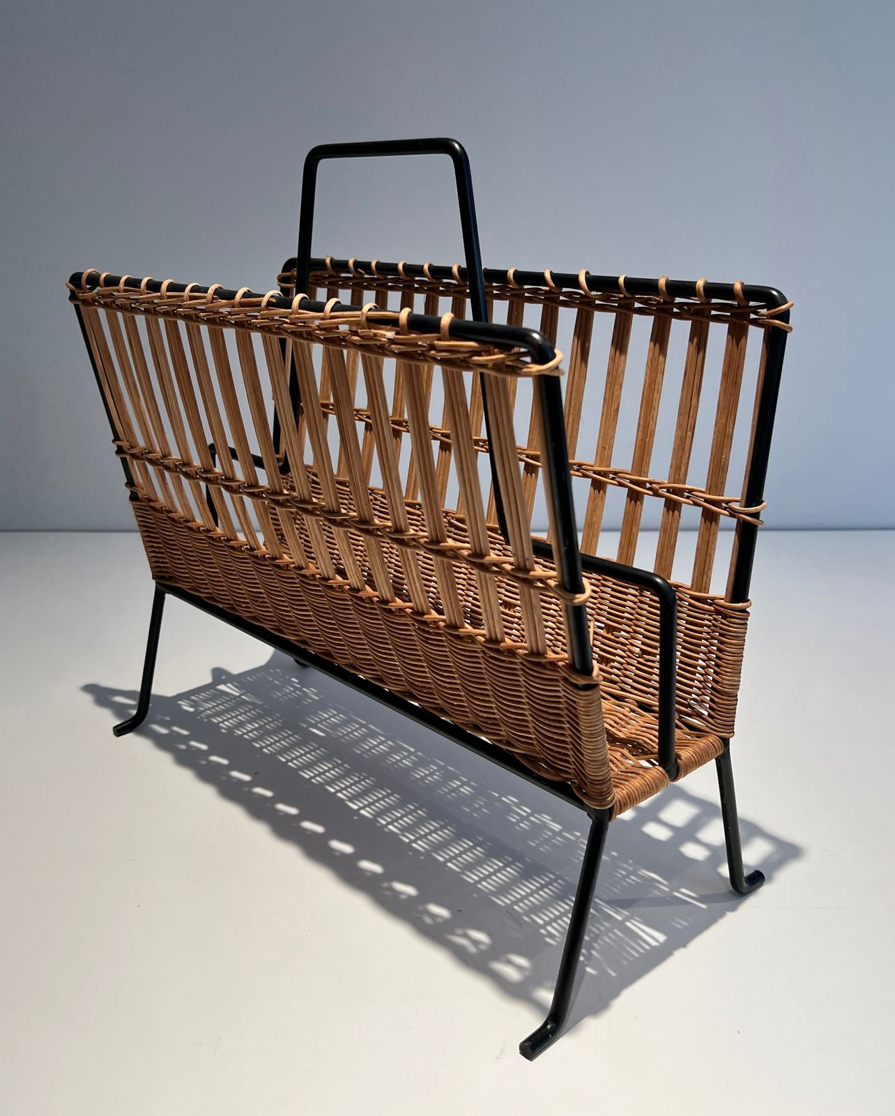 Black Lacquered Metal And Rattan Magazine Rack photo Home Decor