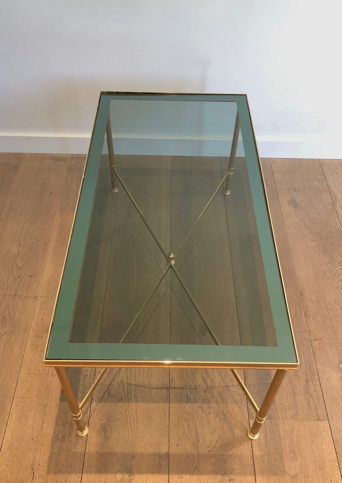 Neoclassical Style Coffee Table In Gold Metal With Blue Glass Top photo vinterior