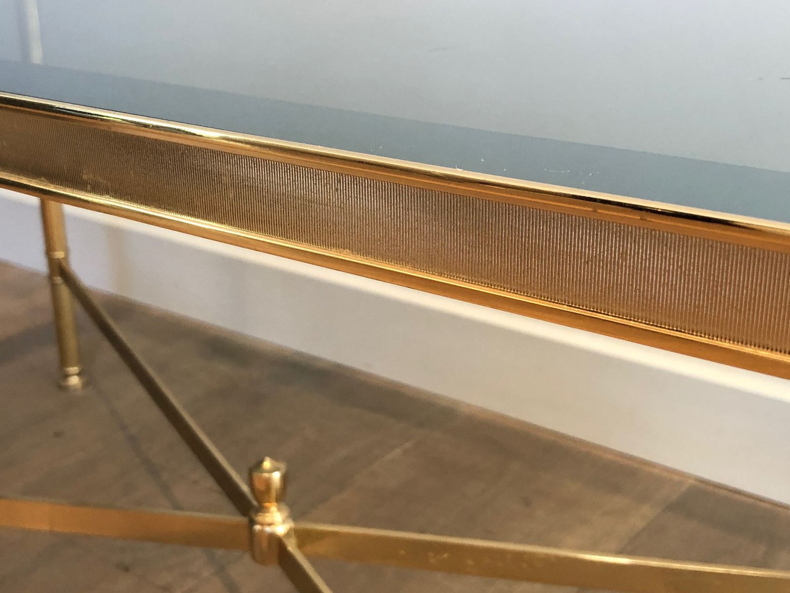 Neoclassical Style Coffee Table In Gold Metal With Blue Glass Top photo vintage