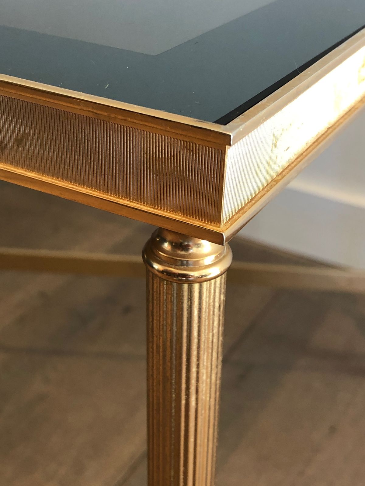 photo for sale Neoclassical Style Coffee Table In Gold Metal With Blue Glass Top