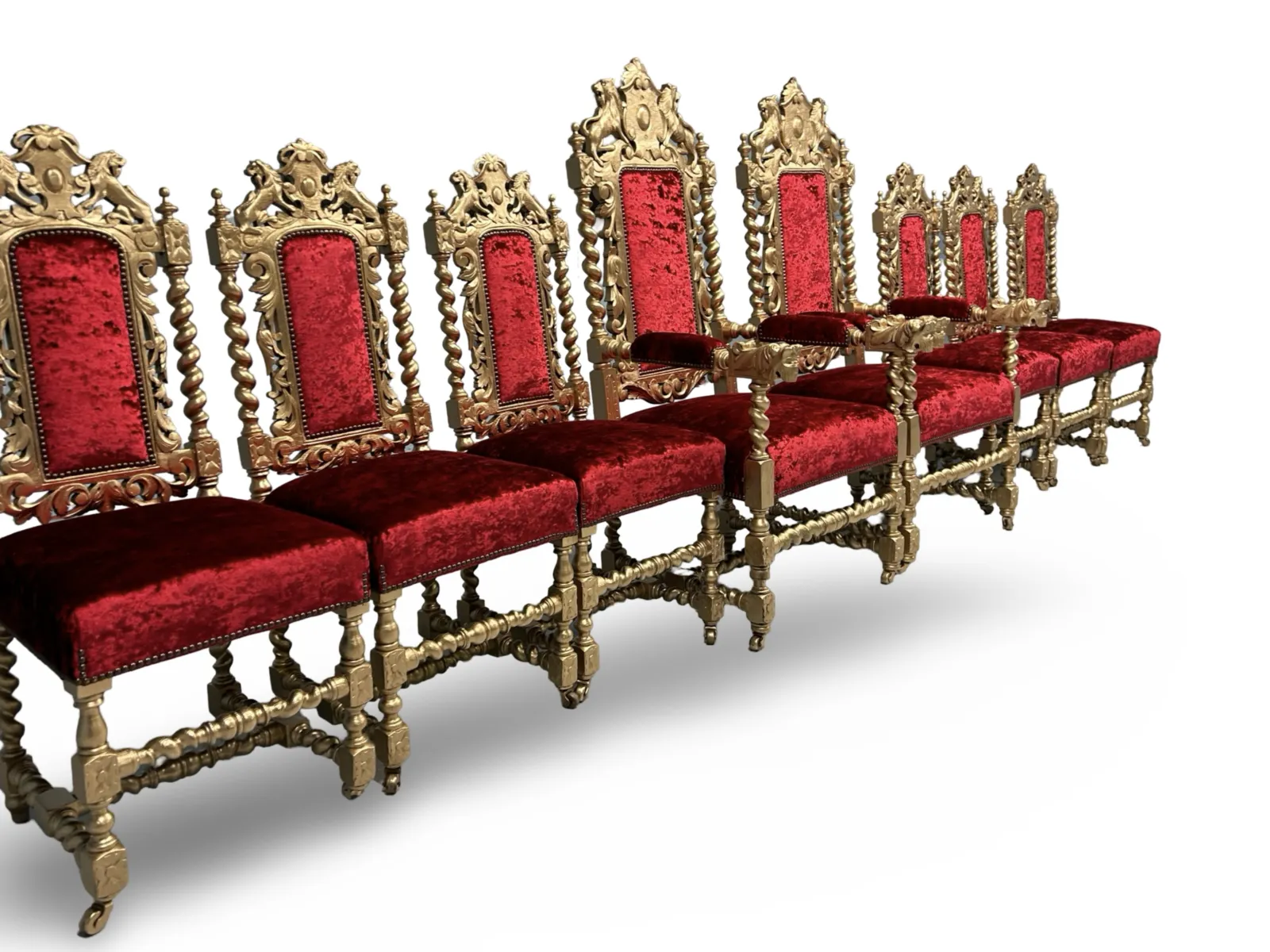 photo buy Amazing Beautiful Rare Set Of 8 Antique Victorian Gold & Red Velvet Royal Palace Charles II Style Oak Grand Dining Chairs