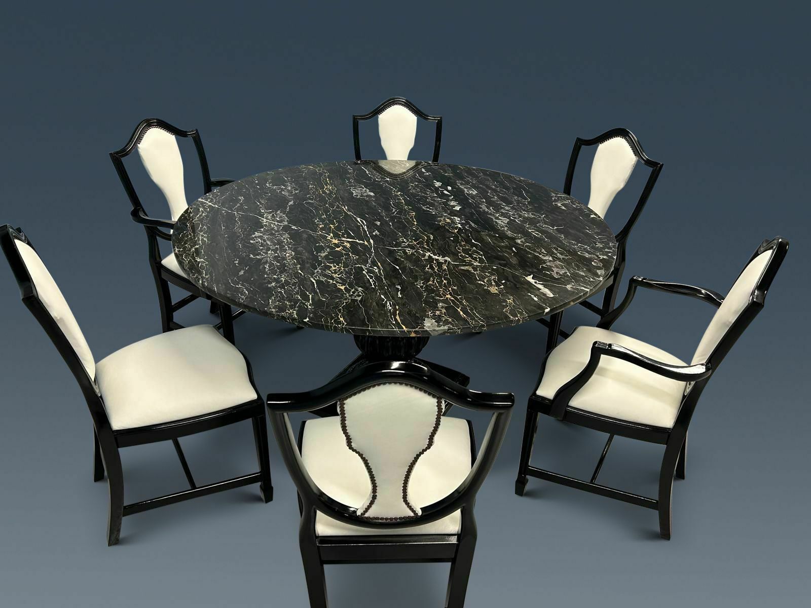 6 Stunning Elite Prince Of Wales Style Designer F&B Pitch Black & Lily White Real Leather/Hide Dining Chairs. photo furniture