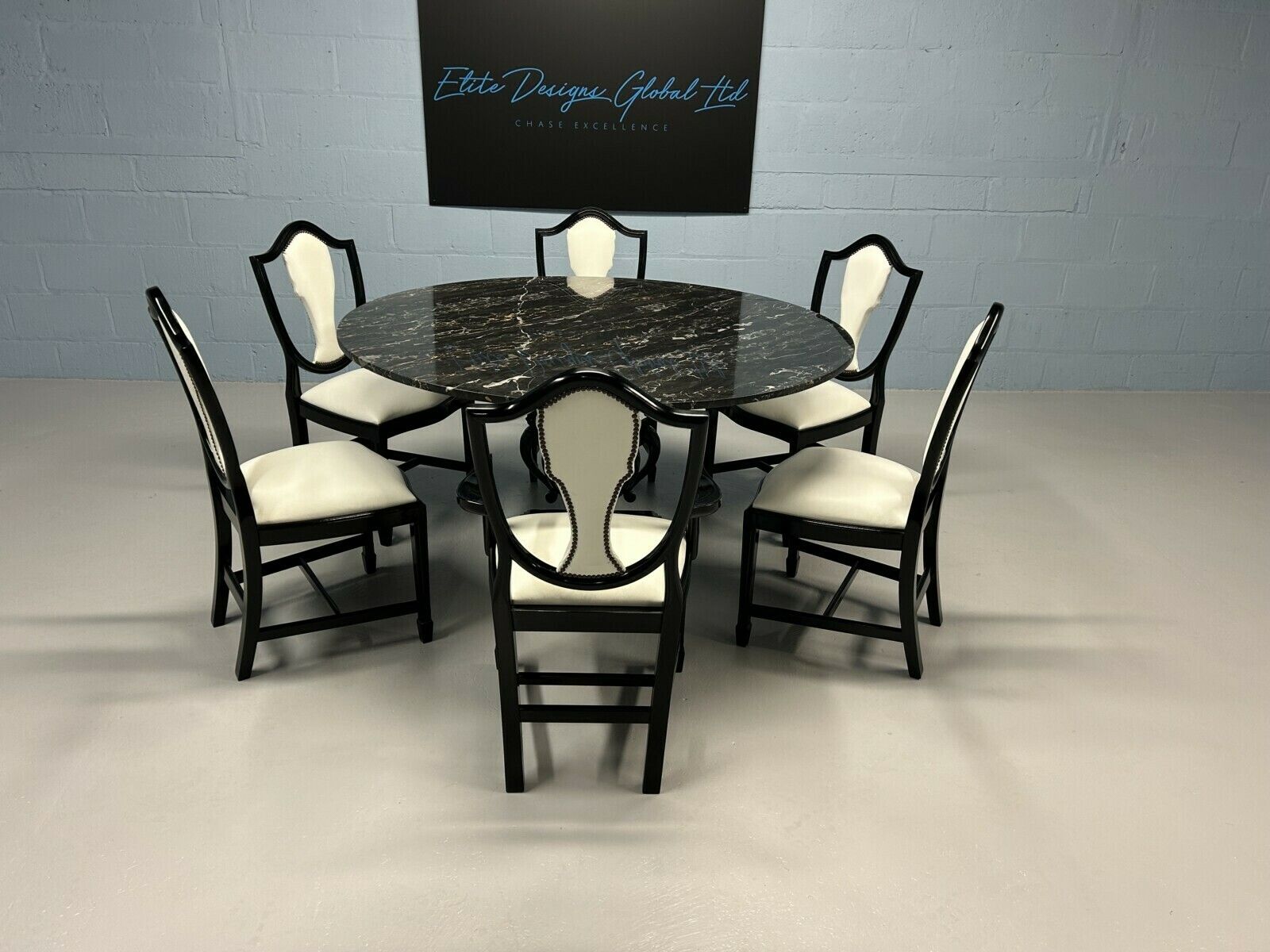 6 Stunning Elite Prince Of Wales Style Designer F&B Pitch Black & Lily White Real Leather/Hide Dining Chairs. photo 3999.0