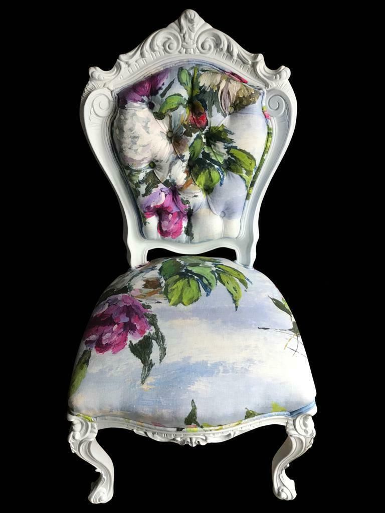 8 Elite Art Deco Exclusive Designers Guild Caprifoglio Grande And Sky Fabric & Moonstone Colour Dining Chairs Professionally Hand Finished photo vinterior