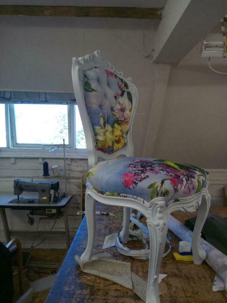 Furniture 8 Elite Art Deco Exclusive Designers Guild Caprifoglio Grande And Sky Fabric & Moonstone Colour Dining Chairs Professionally Hand Finished photo