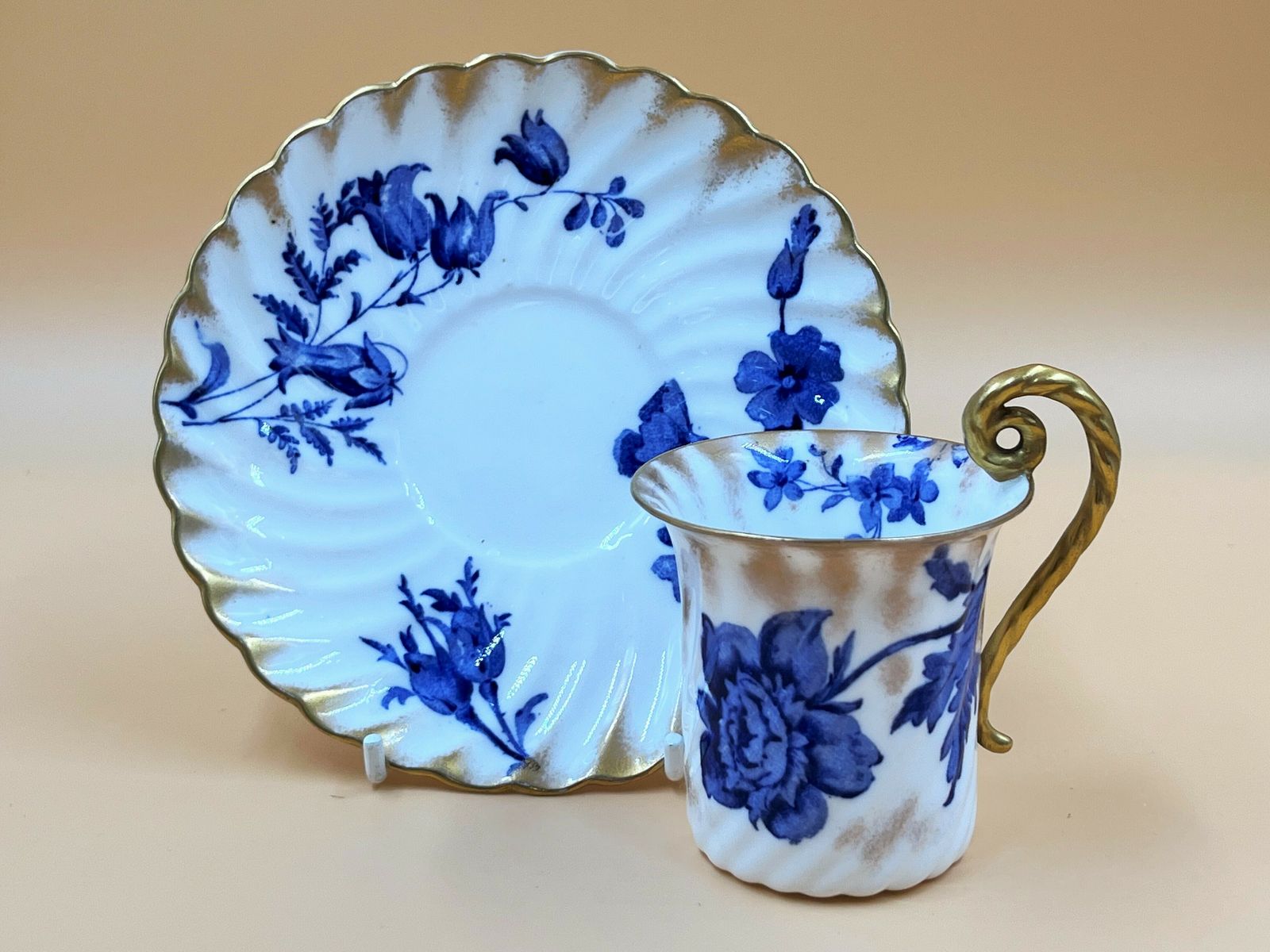 Antique Bishop & Stonier Porcelain Flow Blue And Gold Fluted Demitasse / Chocolate Cup And Saucer Duo. 7611h. C1880. photo furniture
