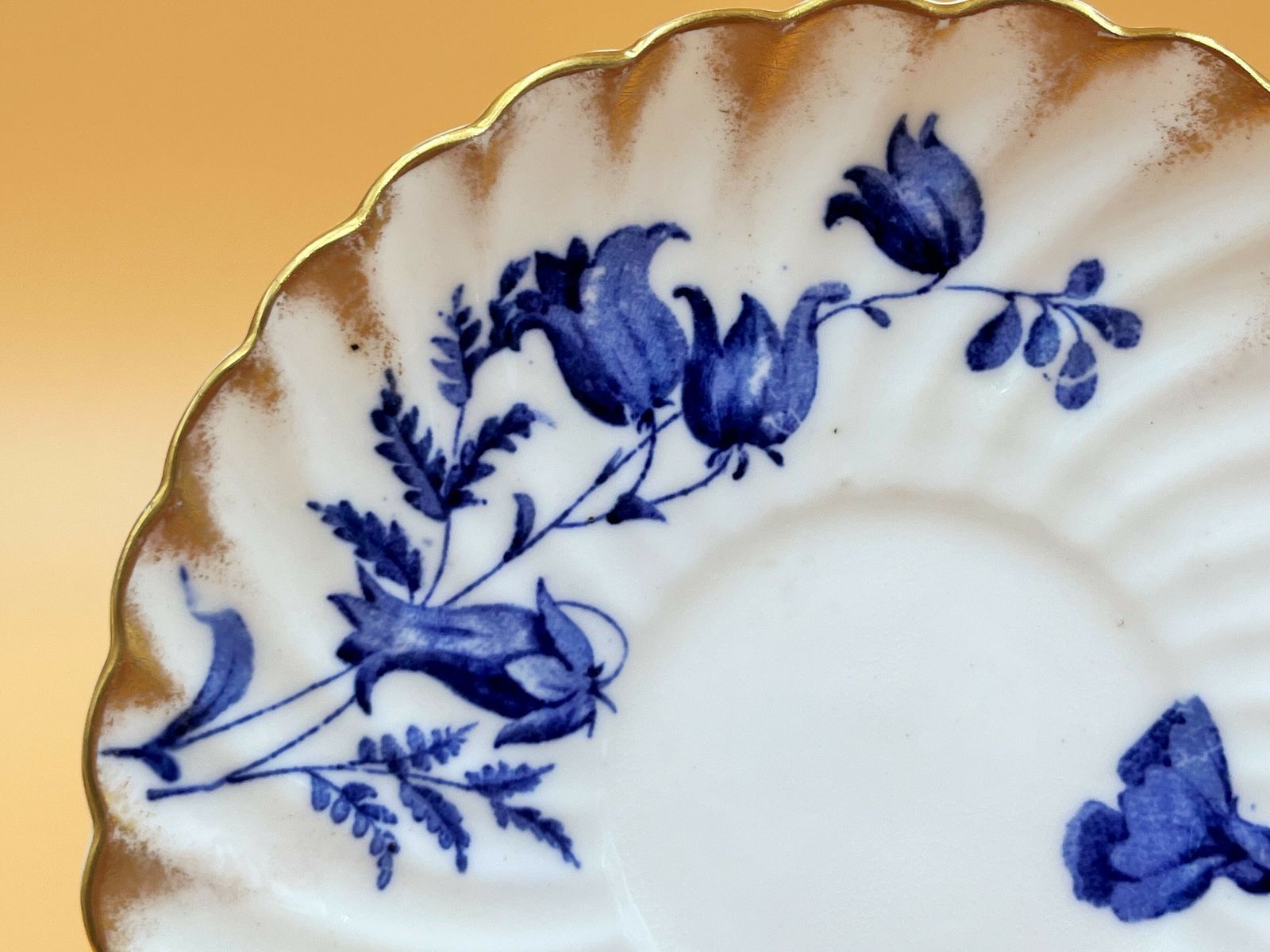 Antique Bishop & Stonier Porcelain Flow Blue And Gold Fluted Demitasse / Chocolate Cup And Saucer Duo. 7611h. C1880. photo for sale
