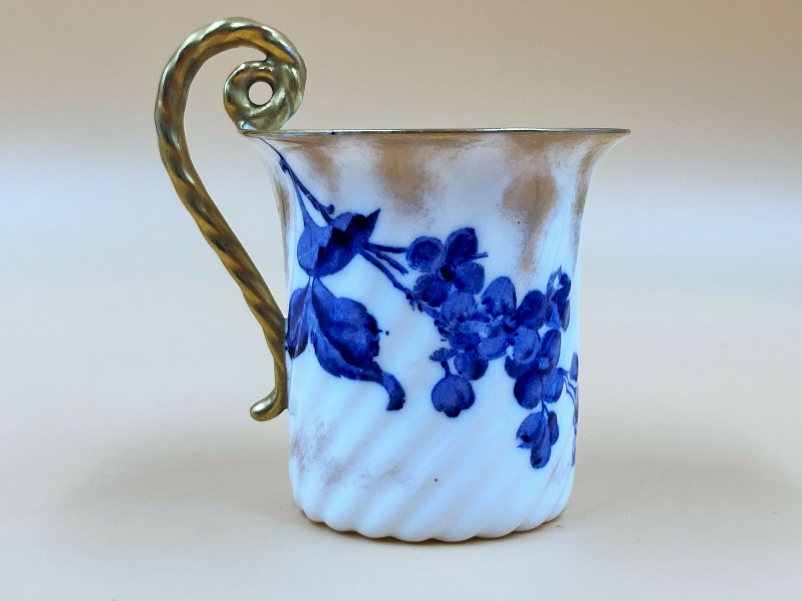 Antique Bishop & Stonier Porcelain Flow Blue And Gold Fluted Demitasse / Chocolate Cup And Saucer Duo. 7611h. C1880. photo Home Decor