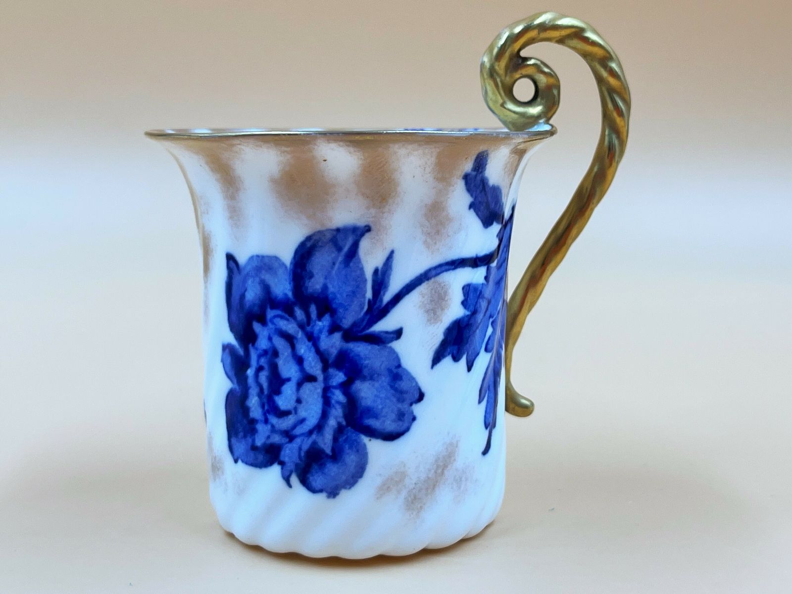 photo furniture Antique Bishop & Stonier Porcelain Flow Blue And Gold Fluted Demitasse / Chocolate Cup And Saucer Duo. 7611h. C1880.