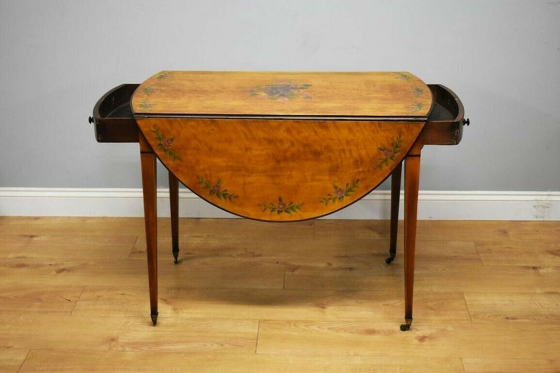 20th Century Edwardian Mahogany Hand Painted Satinwood Pembroke Table photo 795.0