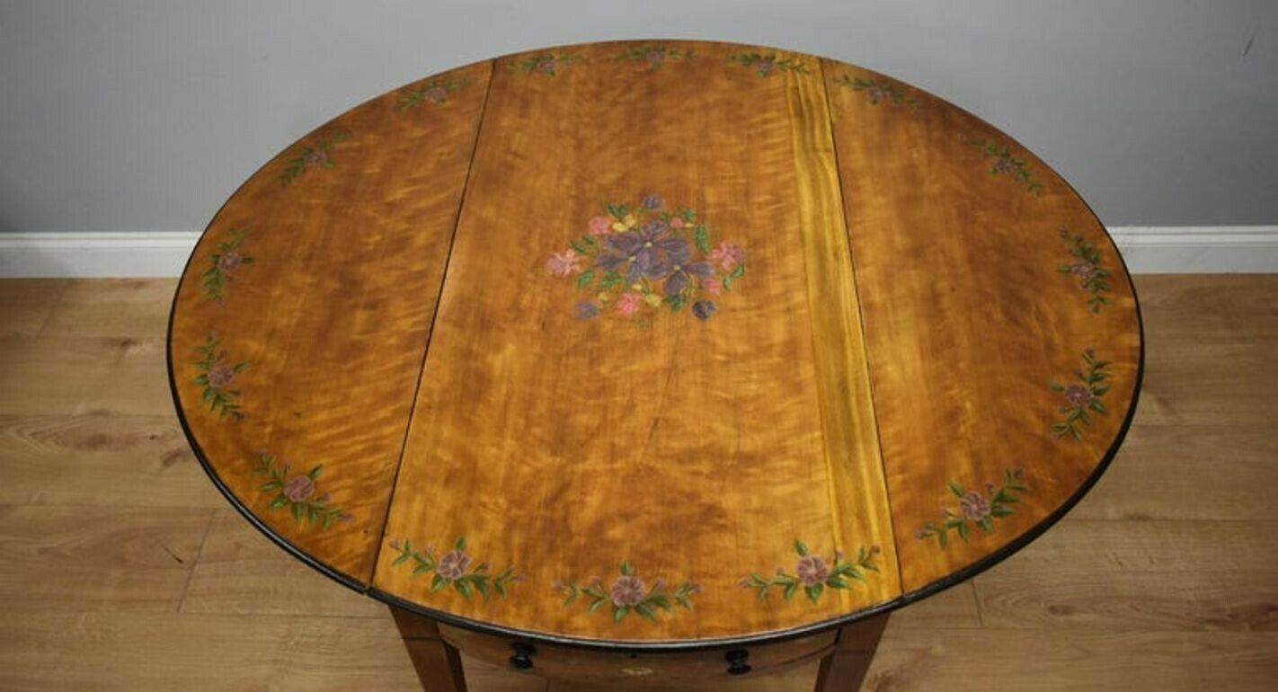 20th Century Edwardian Mahogany Hand Painted Satinwood Pembroke Table photo vintage