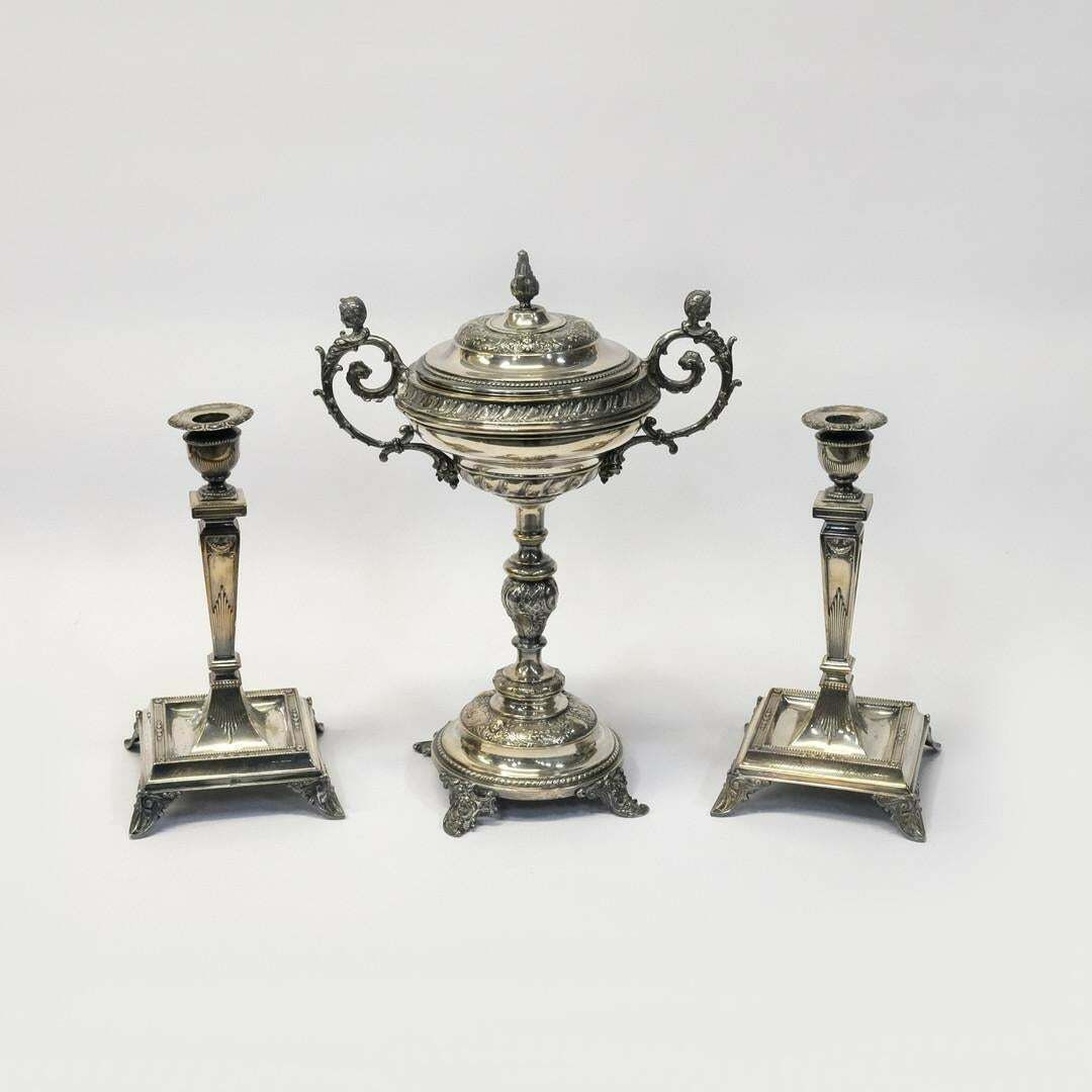 Antique Silver Cup & A Pair Of Candlesticks European Rococo Decorative Cup Bowl photo vintage