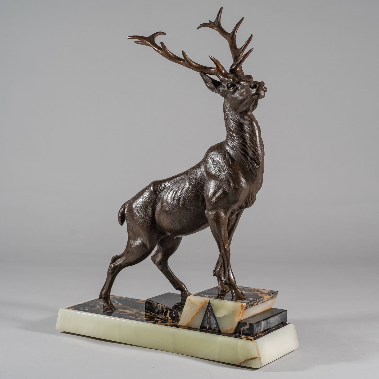 Large French Art Deco Sculpture Of A Stag Set On A Marble And Onyx Base photo 1195.0