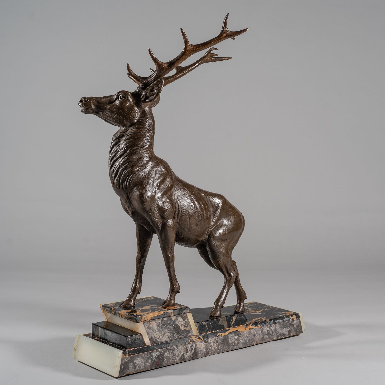 Large French Art Deco Sculpture Of A Stag Set On A Marble And Onyx Base photo vintage