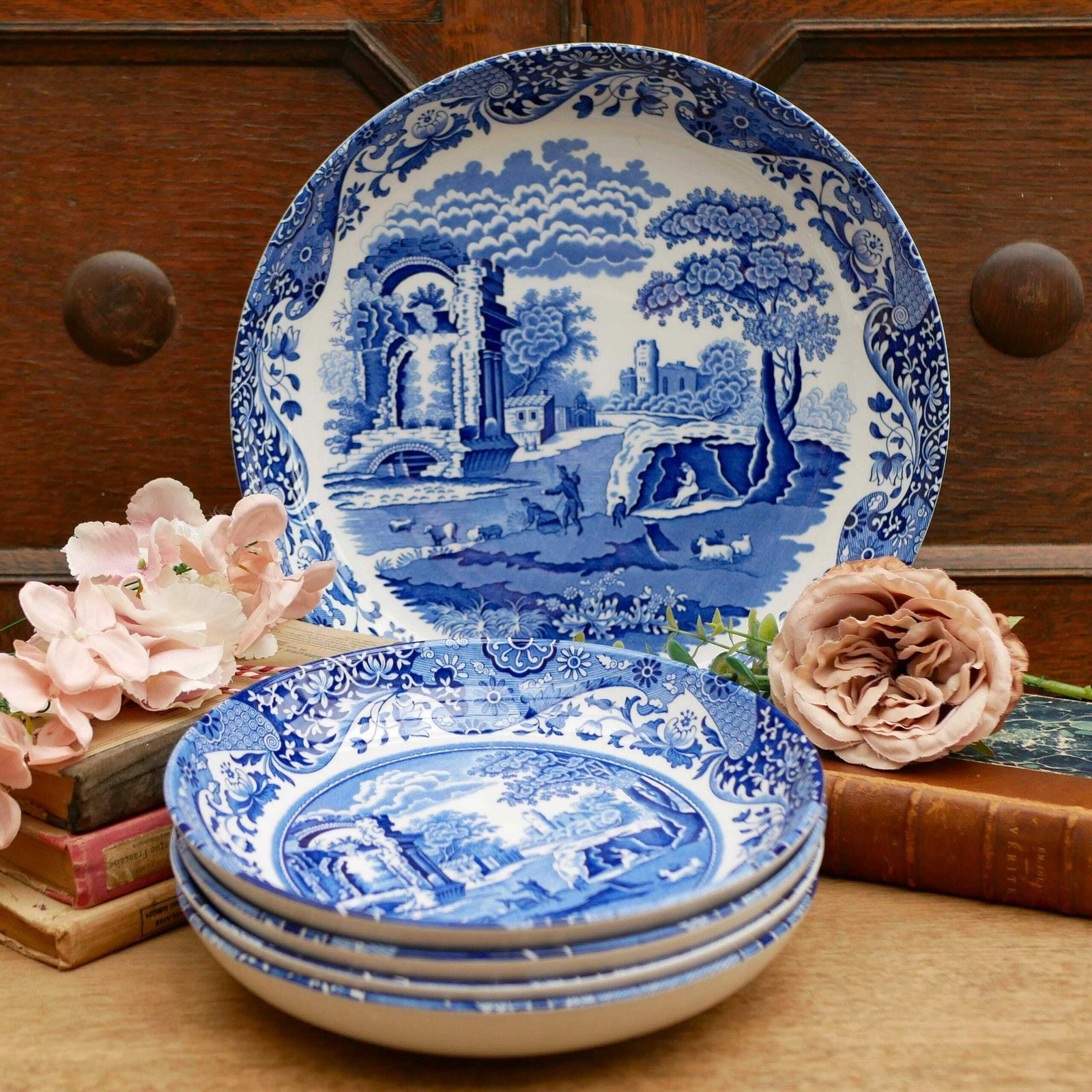 Spode Italian Design Pasta/Dessert/Salad/Soup Bowls With Matching Large Serving Bowl Blue And White English Earthenware Crockery photo 192.0
