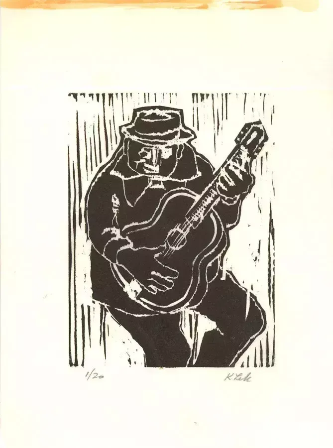 Karel Lek (1929 2020)   Mid 20th Century Linoprint, The Guitarist photo furniture