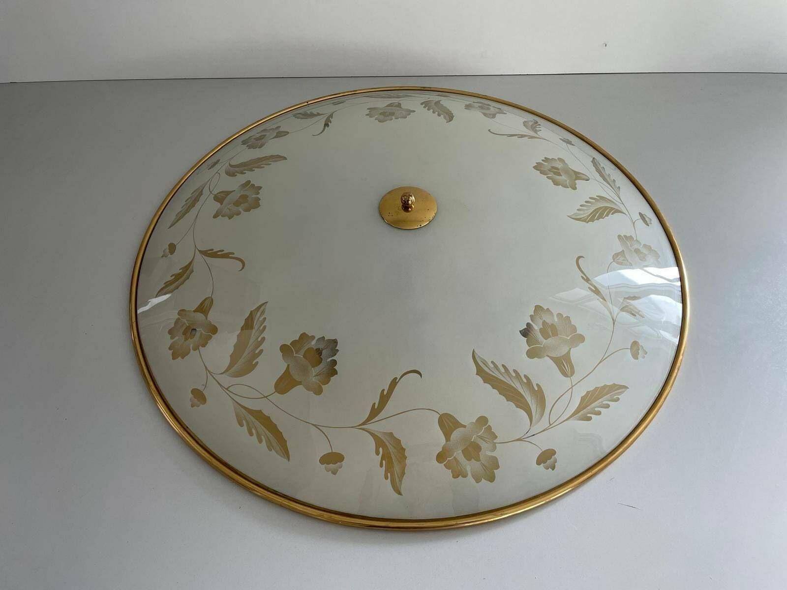 Mid Century Brass And Glass With Flower Motifs Xxl Casino Flush Mount Light, 40s/50s, Italy