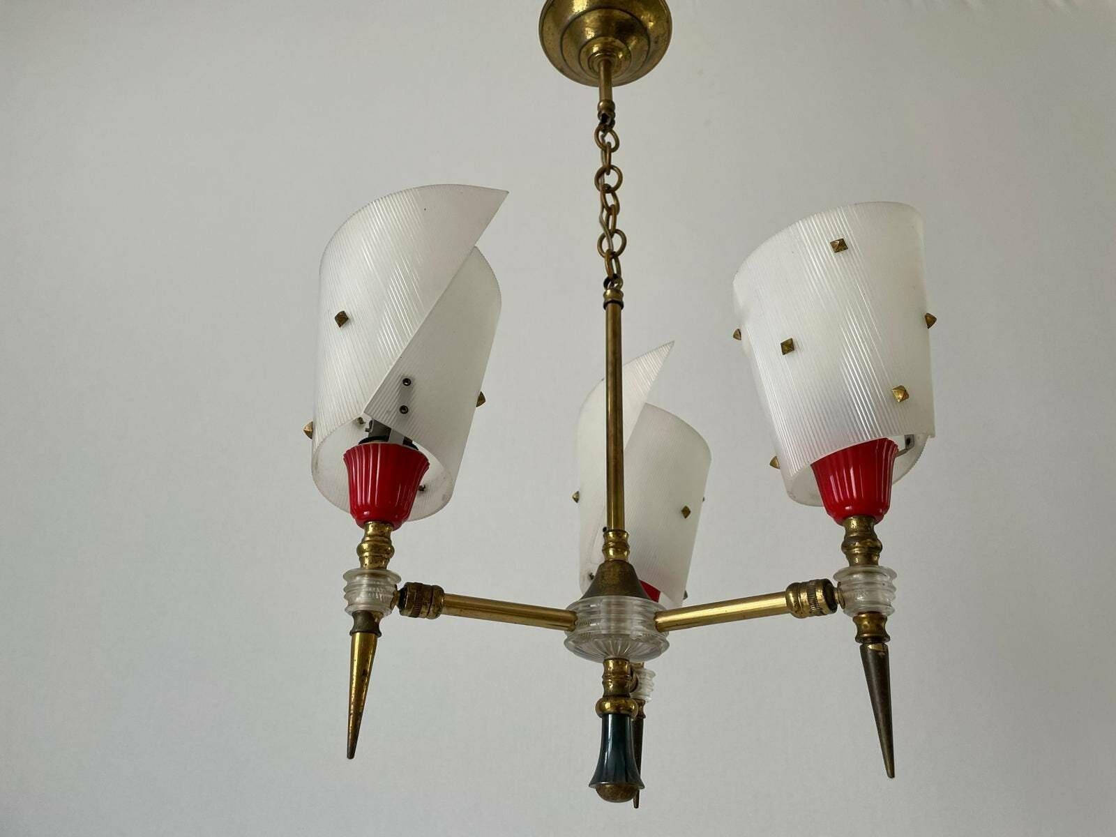 Torch Design Plexiglass And Brass 3 Arm Pendant Lamp By Pierre Guariche, 1950s, France