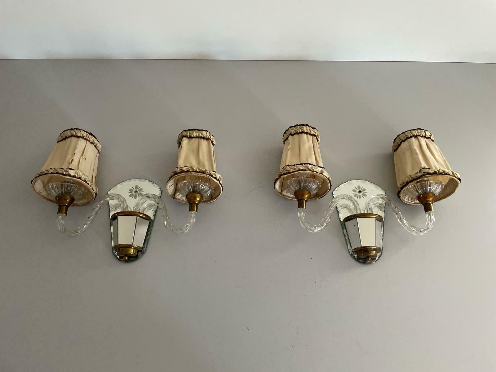 Art Deco 2 Arm Glass & Brass Pair Of Sconces With Fabric Shades, 1940s, France photo Lighting