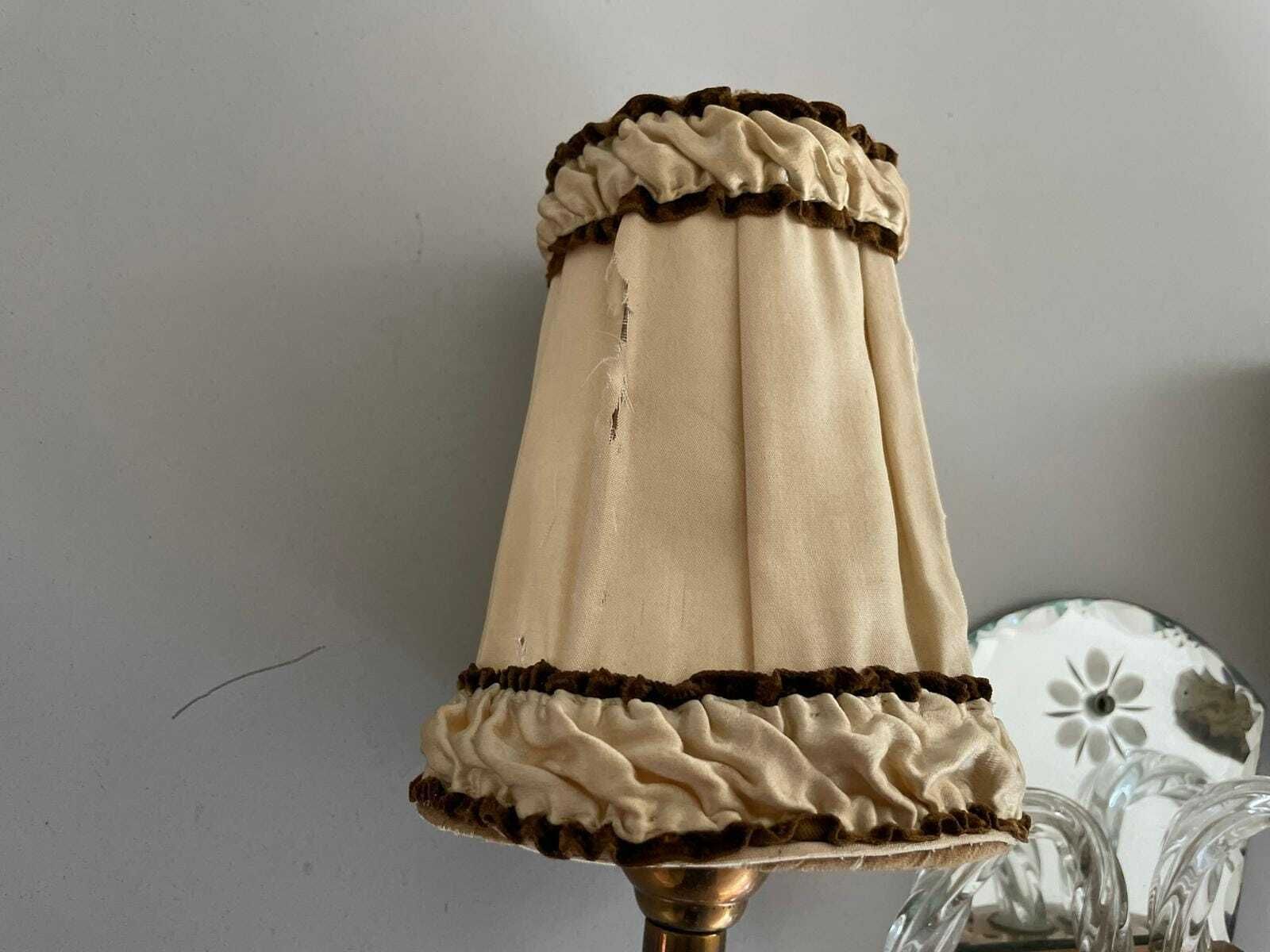 Art Deco 2 Arm Glass & Brass Pair Of Sconces With Fabric Shades, 1940s, France photo vintage