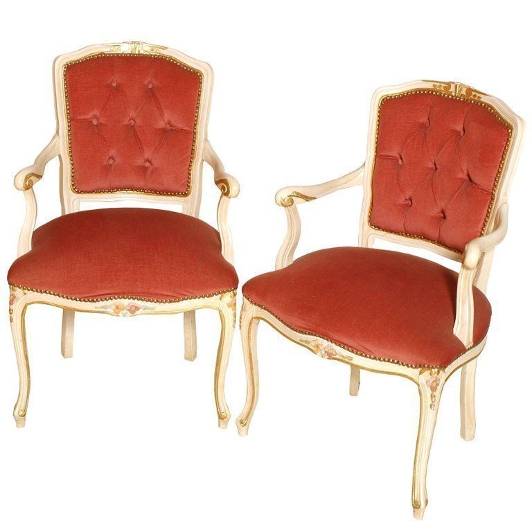 Early 20th Century Venetian Baroque Armchairs, Lacquered Red Velvet Upholstered