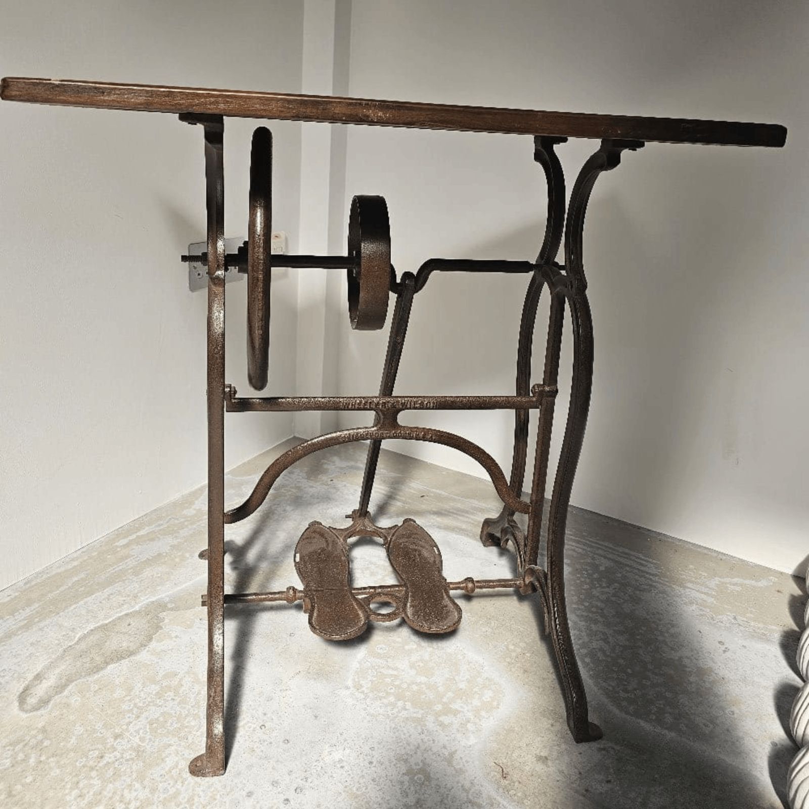Upcycled Wheeler & Wilson Sewing Machine Table – 1800s Cast Iron Base With Reclaimed Teak Top photo vintage