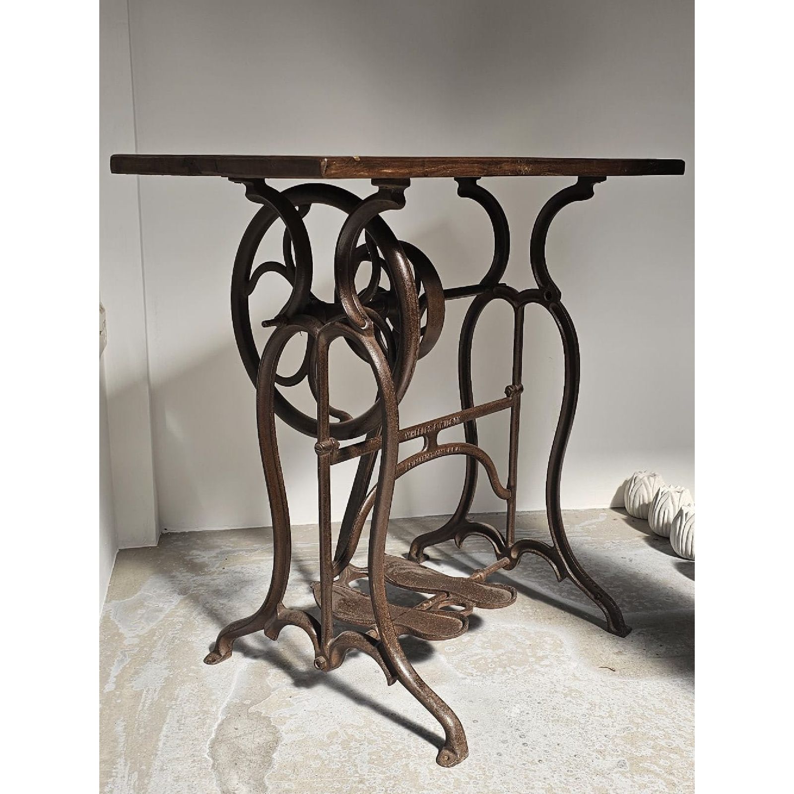photo for sale Upcycled Wheeler & Wilson Sewing Machine Table – 1800s Cast Iron Base With Reclaimed Teak Top