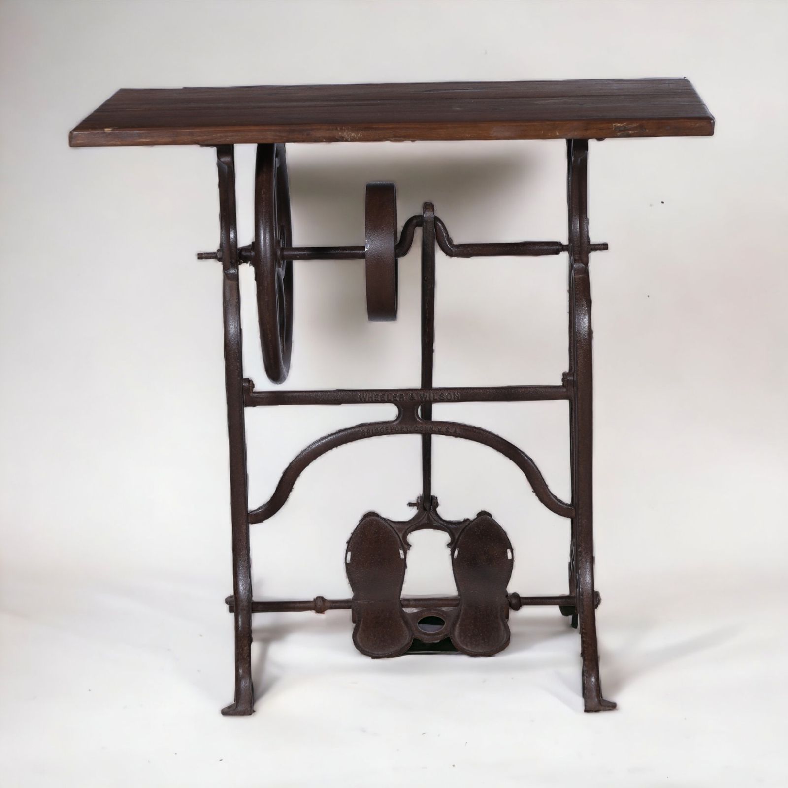 photo buy Upcycled Wheeler & Wilson Sewing Machine Table – 1800s Cast Iron Base With Reclaimed Teak Top