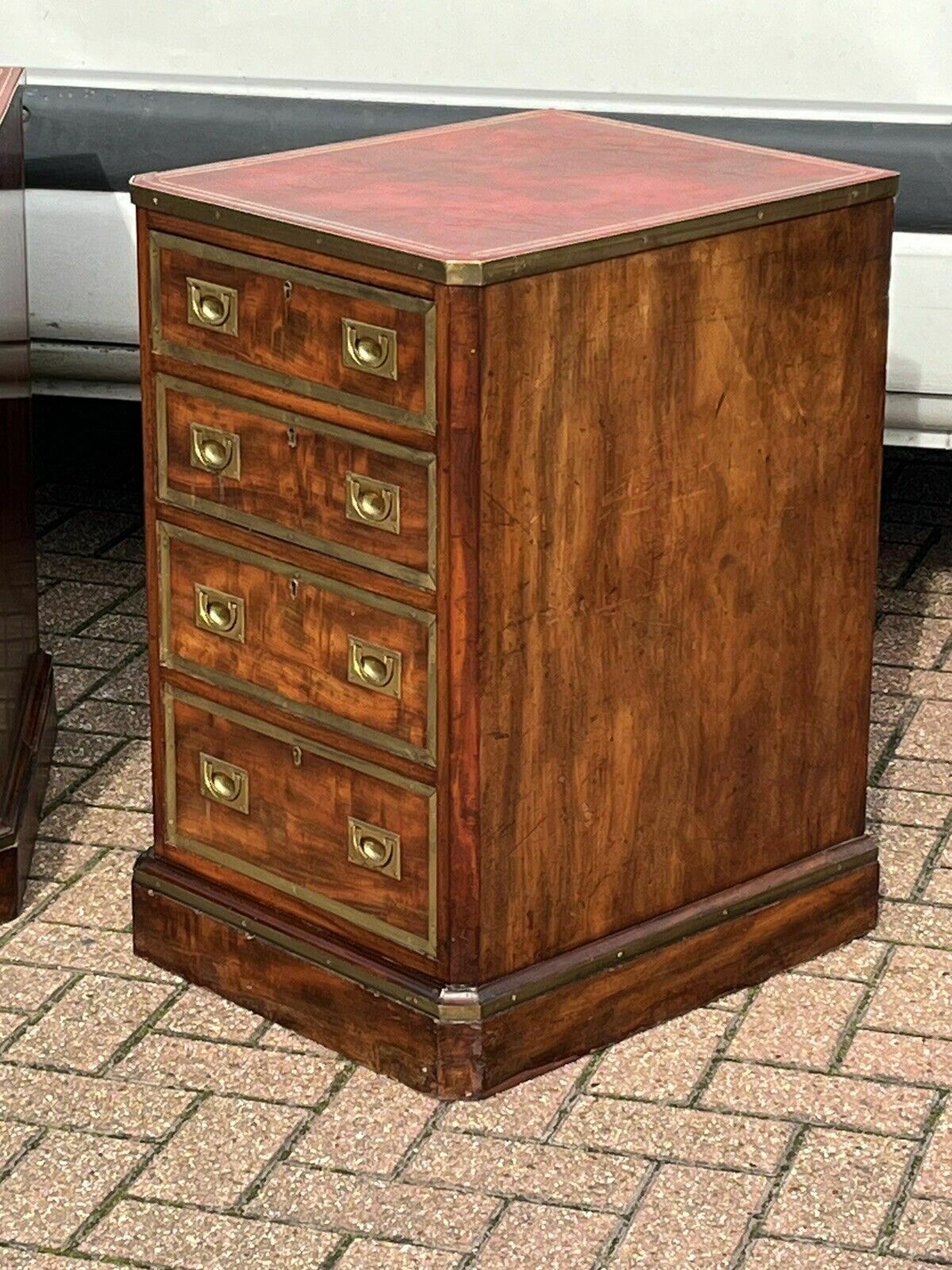 Furniture Antique Pair Of Bedside Drawers. Mahogany With Brass Bound Decoration photo