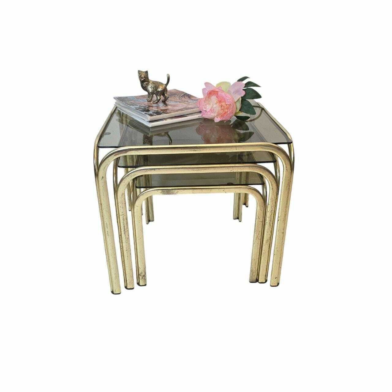 Vintage Mid Century Modern Brass And Smoky Glass Nesting Table Set Of 3 Made In Italy