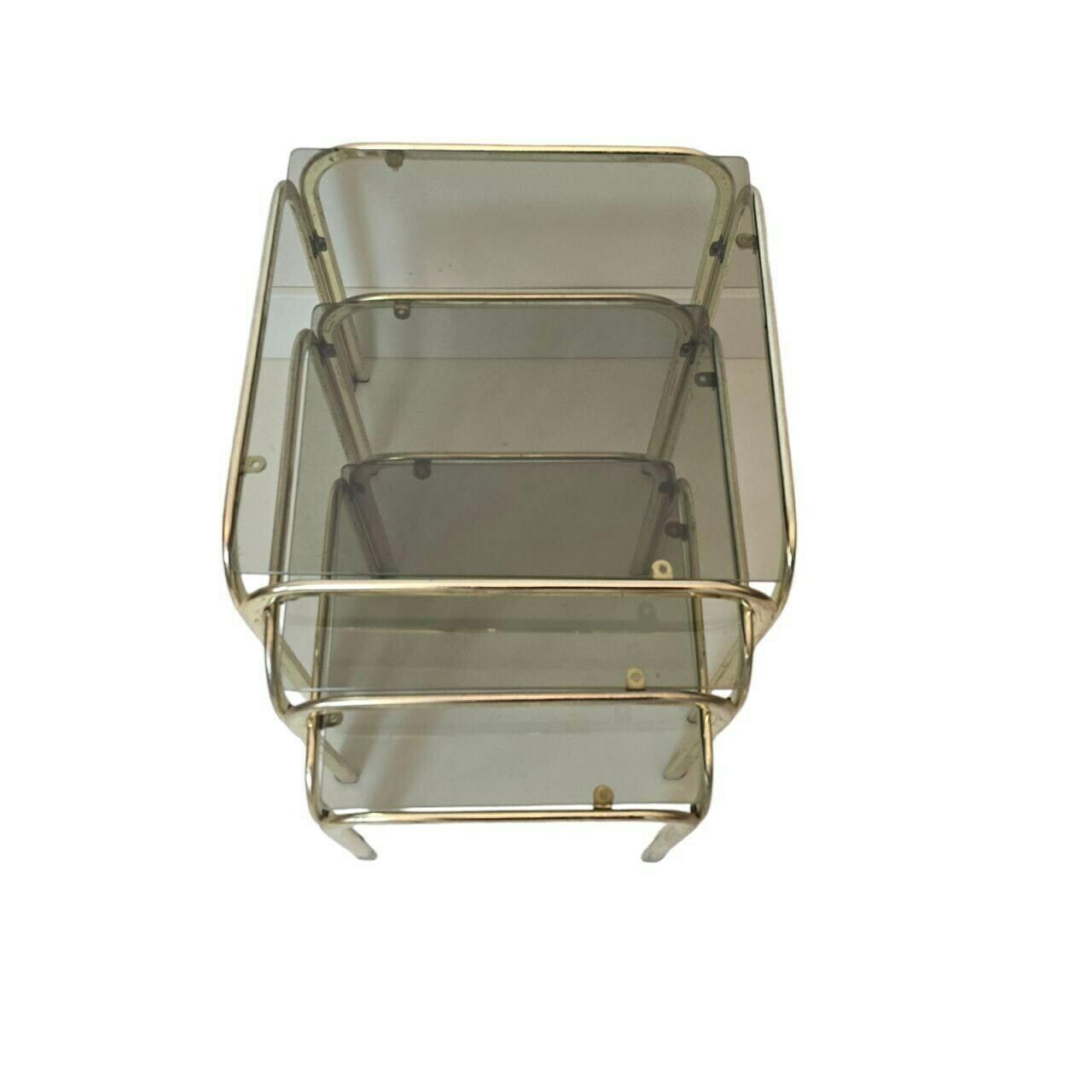 Vintage Mid Century Modern Brass And Smoky Glass Nesting Table Set Of 3 Made In Italy photo vintage