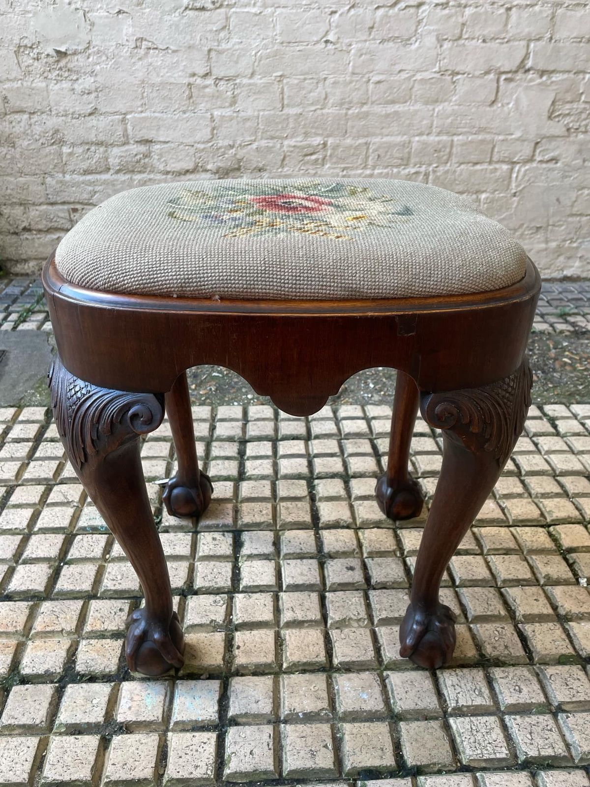 Antique George II Style Walnut Stool With Needlework Seat And Eagle Claw And Ball Feet