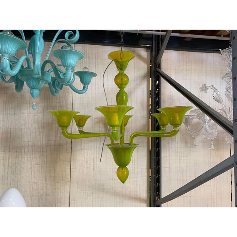 photo for sale Contemporary Translucent Apple Green Murano Style Glass Chandelier