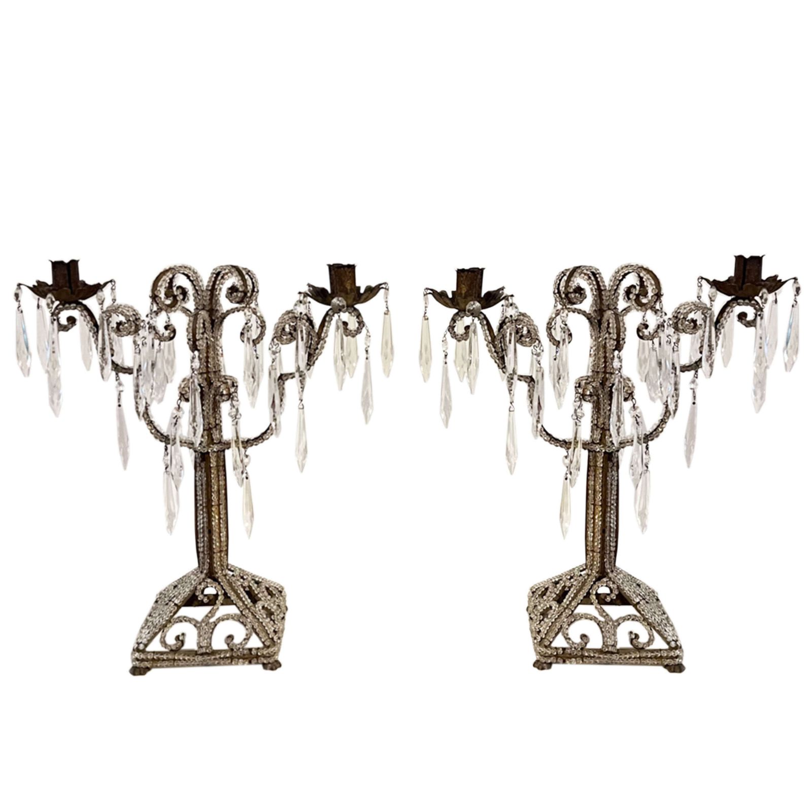 Pair Of 1920s Beaded Italian Candlesticks Converted To Lamps