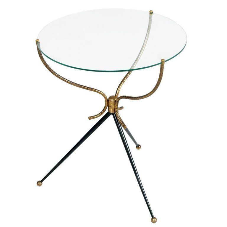 1930s Gio Ponti Style Tripod Coffee Table, Gilt And Lacquered Brass, Cristal Top