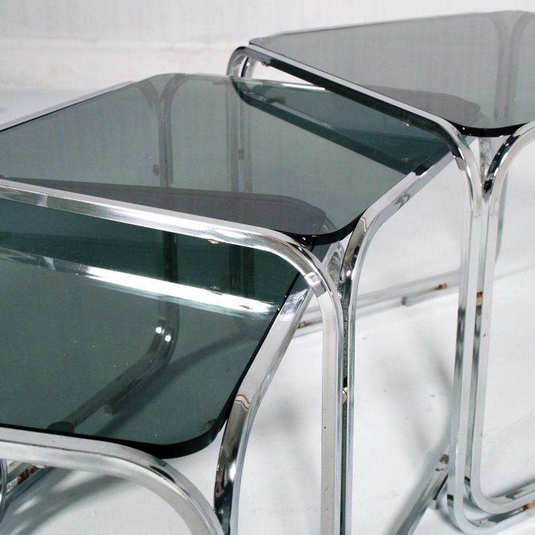 1950s Glass And Chromed Tubular Steel Nest Coffee Tables, Marcel Breuer Style photo Furniture