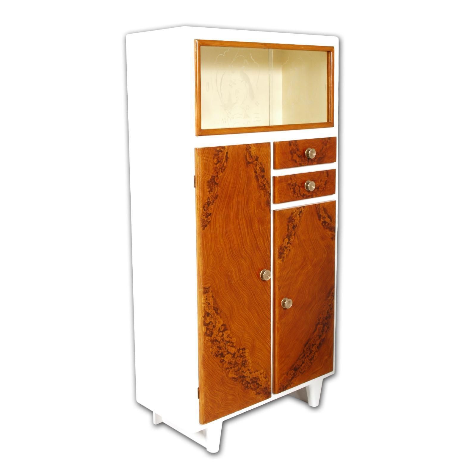 Art Deco Midcentury Credenza Display Cabinet White Lacquered Hand Decorated Wood photo furniture