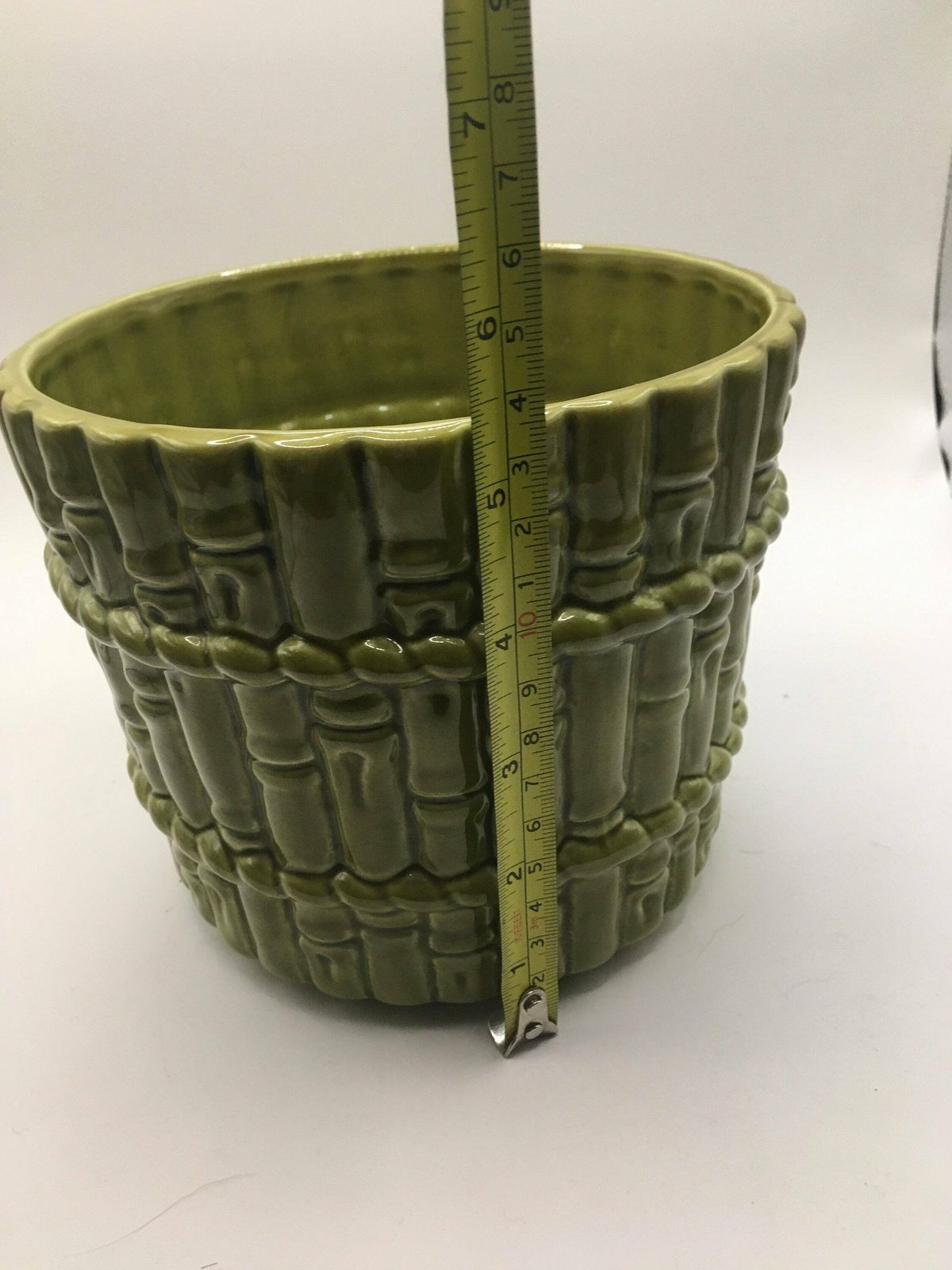 Sage Green Plant Pot. Rare 1980's Casa Pupo Bamboo Patterned Planter. Green Glaze Ceramic Bamboo Relief Design. Great Vintage Condition. photo furniture