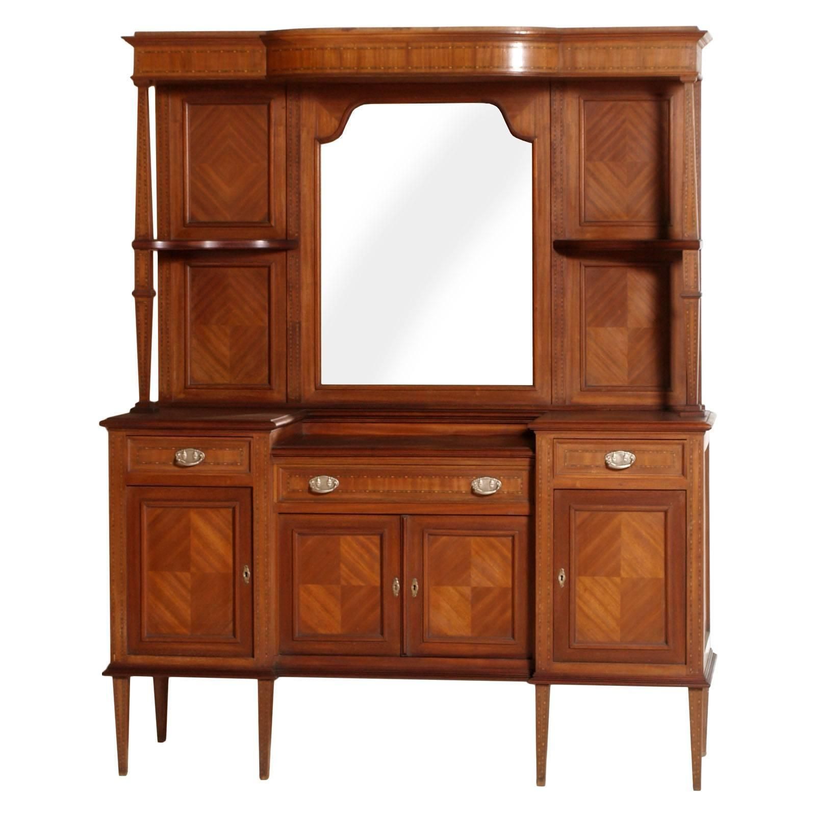 Early 20th Century Credenza Sideboard Belle Epoque, Walnut, Mahogany Maple Inlay