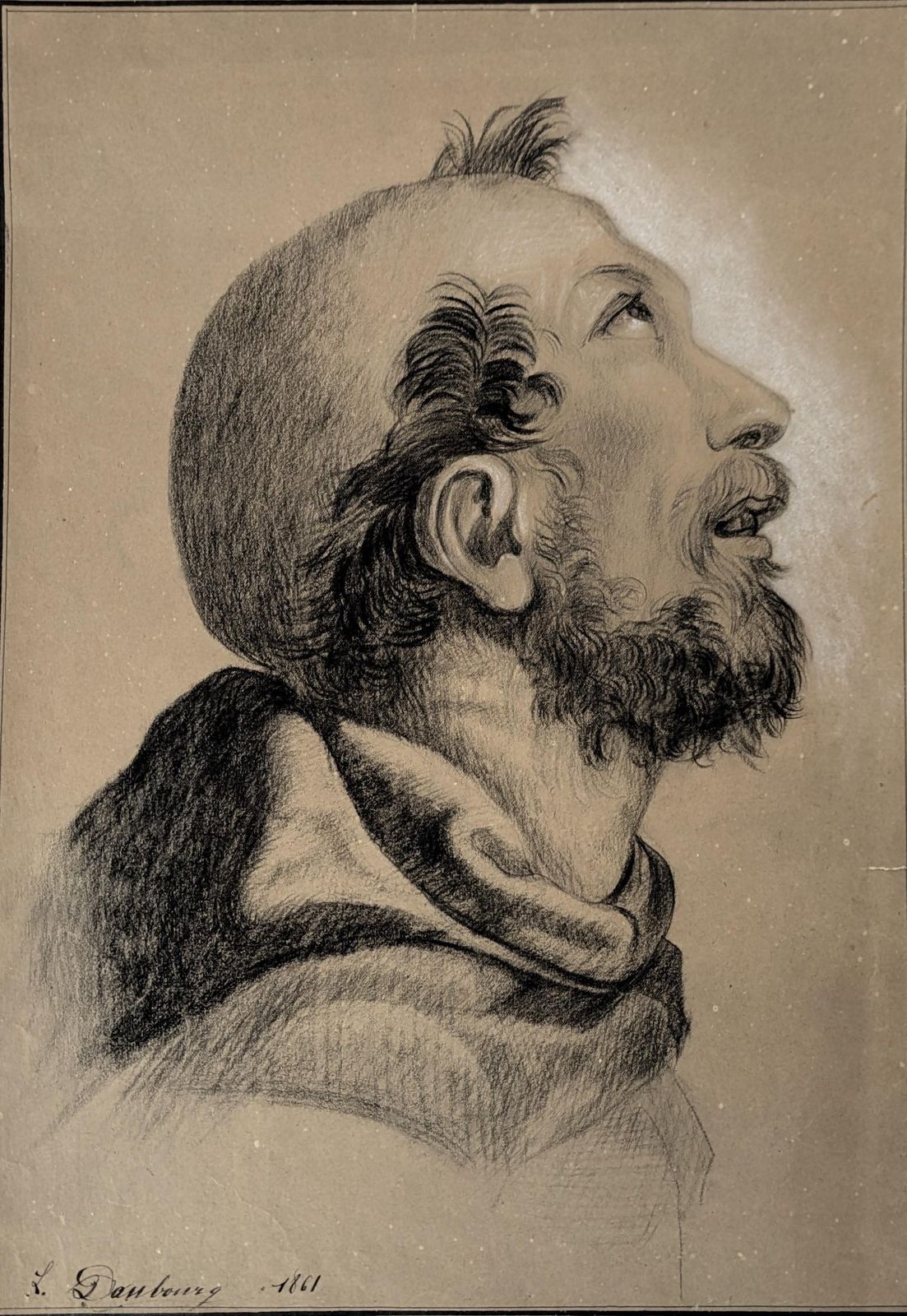Antique French Pencil Drawing Of A Monk Or Saint Francis By L. Danbourg Circa 1880, Original Art From France photo Art
